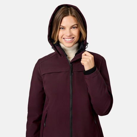 [Model is wearing size S.] Front view of a smiling model wearing a burgundy hooded Thermo Super Softshell Lined Jacket