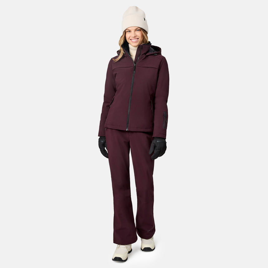 [Model is wearing size S.] Woman modeling a burgundy Women's Thermo Super Softshell lined jacket with front zipper and hood.