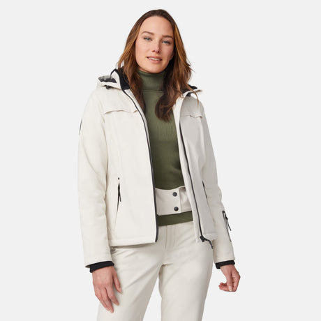 [Model is wearing size S.] Woman in a light off white Women's Thermo Super Softshell lined jacket with hood and zip front.