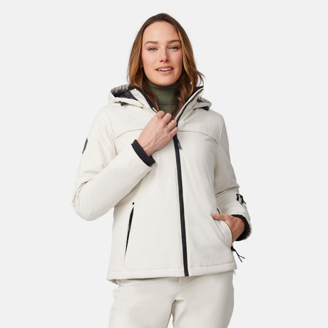 [Model is wearing size S.] Woman wearing a white Women's Thermo Super Softshell lined jacket with hood and green turtleneck.