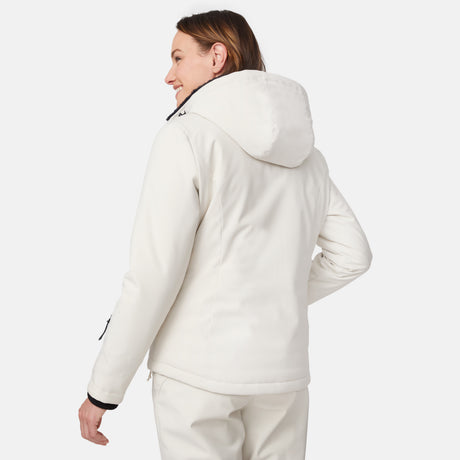 [Model is wearing size S.] Side profile of a woman in a cream Thermo Super Softshell Lined Jacket with hood up