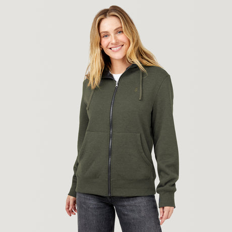 [Brooke is 5'9” wearing a size Small.] Free Country Everybody Hoodies in dark green, featuring soft melange fabric, moisture-wicking properties, and black drawstrings, styled with casual T-shirts and dark pants.