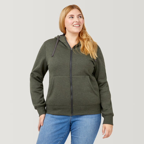 [Lola is 5’10.5” wearing a size Extra Extra Large.] Free Country Everybody Hoodies in dark green, featuring soft melange fabric, moisture-wicking properties, and black drawstrings, styled with casual T-shirts and dark pants.