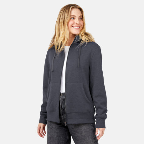 [Brooke is 5'9” wearing a size Small.] Free Country Everybody Hoodies in dark grey, featuring soft melange fabric, moisture-wicking properties, and black drawstrings, styled with casual T-shirts and dark pants.