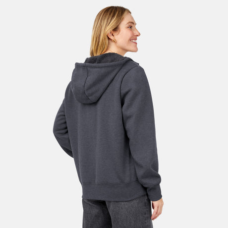 [Brooke is 5'9” wearing a size Small.] Free Country Everybody Hoodies in dark grey, featuring soft melange fabric, moisture-wicking properties, and black drawstrings, styled with casual T-shirts and dark pants.
