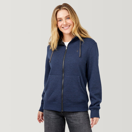 [Brooke is 5'9” wearing a size Small.] Free Country Everybody Hoodies in navy, featuring soft melange fabric, moisture-wicking properties, and black drawstrings, styled with casual T-shirts and dark pants.