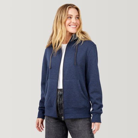 [Brooke is 5'9” wearing a size Small.] Free Country Everybody Hoodies in navy, featuring soft melange fabric, moisture-wicking properties, and black drawstrings, styled with casual T-shirts and dark pants.
