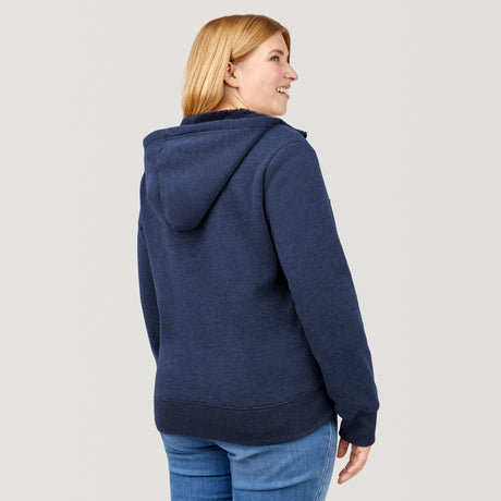 [Lola is 5’10.5” wearing a size Extra Extra Large.] Free Country Everybody Hoodies in navy, featuring soft melange fabric, moisture-wicking properties, and black drawstrings, styled with casual T-shirts and dark pants.