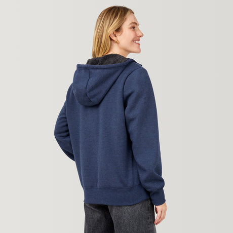 [Brooke is 5'9” wearing a size Small.] Free Country Everybody Hoodies in navy, featuring soft melange fabric, moisture-wicking properties, and black drawstrings, styled with casual T-shirts and dark pants.