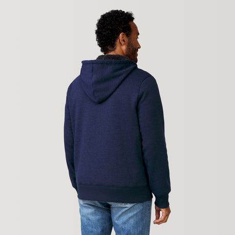 [Jonathan is 6'1” wearing a size Medium.] Free Country Everybody Hoodies in navy, featuring soft melange fabric, moisture-wicking properties, and black drawstrings, styled with casual T-shirts and dark pants.