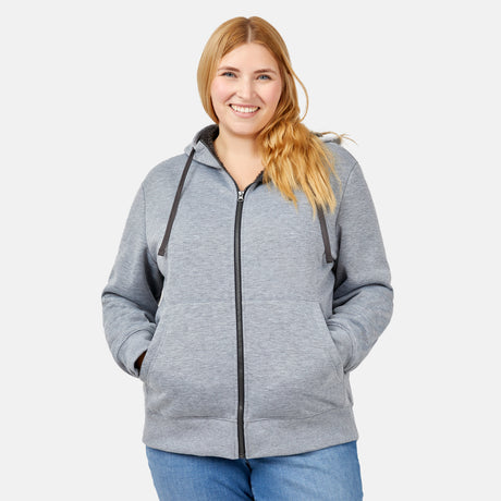 [Lola is 5’10.5” wearing a size Extra Extra Large.] Free Country Everybody Hoodies in gray, featuring soft melange fabric, moisture-wicking properties, and black drawstrings, styled with casual T-shirts and dark pants.