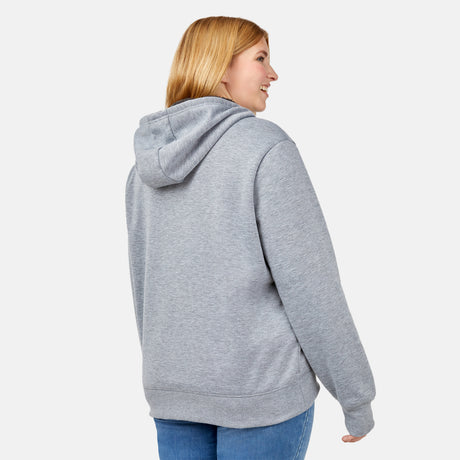 [Lola is 5’10.5” wearing a size Extra Extra Large.] Free Country Everybody Hoodies in gray, featuring soft melange fabric, moisture-wicking properties, and black drawstrings, styled with casual T-shirts and dark pants.