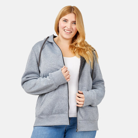 [Lola is 5’10.5” wearing a size Extra Extra Large.] Free Country Everybody Hoodies in gray, featuring soft melange fabric, moisture-wicking properties, and black drawstrings, styled with casual T-shirts and dark pants.