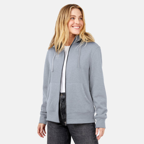[Brooke is 5'9” wearing a size Small.] Free Country Everybody Hoodies in gray, featuring soft melange fabric, moisture-wicking properties, and black drawstrings, styled with casual T-shirts and dark pants.