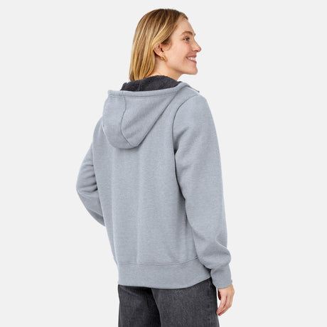 [Brooke is 5'9” wearing a size Small.] Free Country Everybody Hoodies in gray, featuring soft melange fabric, moisture-wicking properties, and black drawstrings, styled with casual T-shirts and dark pants.