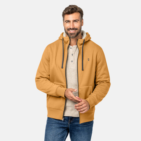 [Justin is 6'1" wearing a size Medium.] Free Country Everybody Hoodies in yellow, featuring soft melange fabric, moisture-wicking properties, and black drawstrings, styled with casual T-shirts and dark pants.