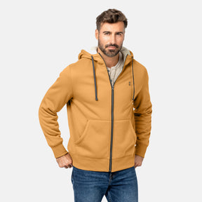 [Justin is 6'1" wearing a size Medium.] Free Country Everybody Hoodies in yellow, featuring soft melange fabric, moisture-wicking properties, and black drawstrings, styled with casual T-shirts and dark pants.