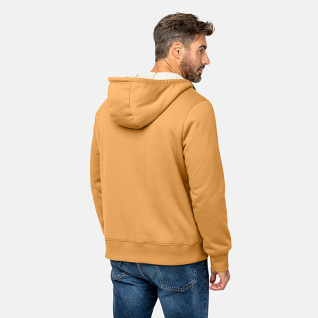 [Justin is 6'1" wearing a size Medium.] Free Country Everybody Hoodies in yellow, featuring soft melange fabric, moisture-wicking properties, and black drawstrings, styled with casual T-shirts and dark pants.
