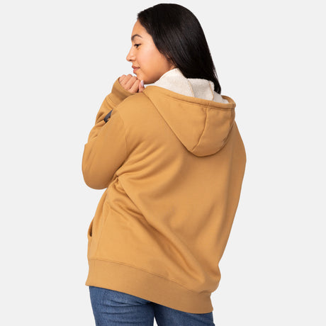 [Model is wearing a size Small.] The Free Country Everybody Hoodies in yellow, featuring soft melange fabric, moisture-wicking properties, and black drawstrings, styled with casual T-shirts and dark pants.
