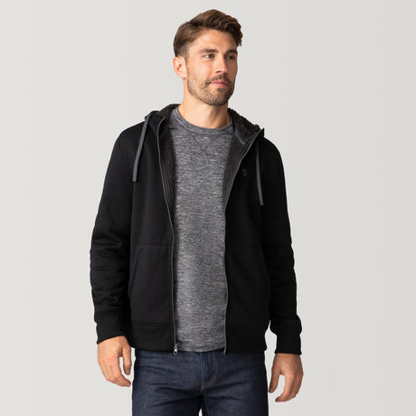 [Matt is 6'2" wearing a size Medium.] Free Country Everybody Hoodies in black, featuring soft melange fabric, moisture-wicking properties, and black drawstrings, styled with casual T-shirts and dark pants.