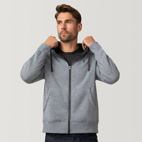 [Matt is 6'2" wearing a size Medium.] Free Country Everybody Hoodies in gray, featuring soft melange fabric, moisture-wicking properties, and black drawstrings, styled with casual T-shirts and dark pants.