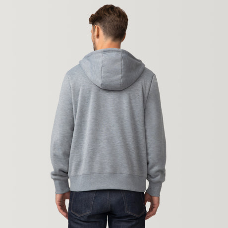 [Matt is 6'2" wearing a size Medium.] Free Country Everybody Hoodies in gray, featuring soft melange fabric, moisture-wicking properties, and black drawstrings, styled with casual T-shirts and dark pants.