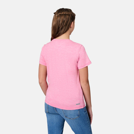 A person with light brown braided hair is seen from behind, wearing a Free Country Girls' Microtech® Crew Neck Shirt in pink and blue jeans against a plain, light background.