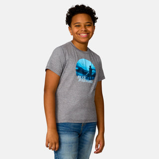 [Model is wearing a size Medium.] Boy wearing the Free Country Boys' Microtech® Graphic Crew Neck Shirt in Rock, size M, featuring lightweight odor free fabric and upf protection, paired with blue jeans #color_ rock