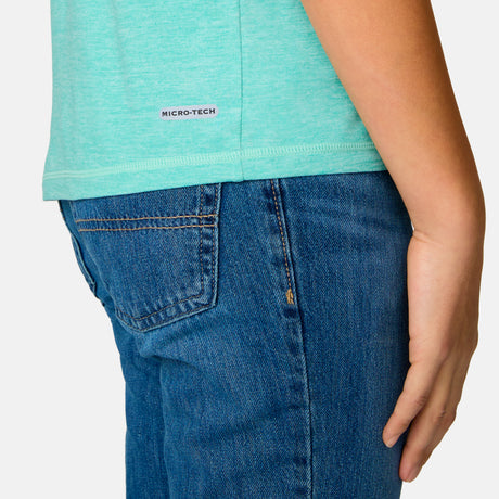 [Model is wearing a size Medium.] Girl wearing the Free Country Girls’ Microtech® Graphic Crew Neck Shirt in Seafoam, size M, featuring lightweight odor free fabric and upf protection, paired with blue jeans #color_ seafoam