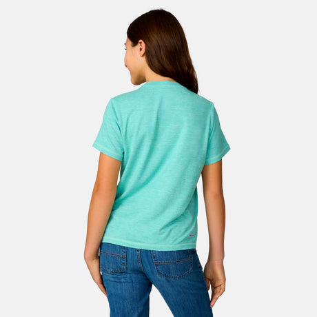 [Model is wearing a size Medium.] Girl wearing the Free Country Girls’ Microtech® Graphic Crew Neck Shirt in Seafoam, size M, featuring lightweight odor free fabric and upf protection, paired with blue jeans #color_ seafoam