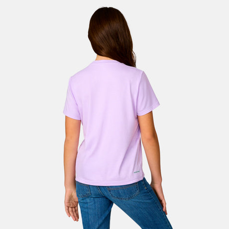 [Model is wearing a size Medium.] Girl  wearing the Free Country Girls’ Microtech® Crew Neck Shirt in Lavender, size M, featuring lightweight odor free fabric and upf protection, paired with blue jeans #color_ lavender
