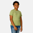 [Model is wearing a size Medium.] Boy wearing the Free Country Boys' Microtech® Crew Neck Shirt in Pistachio, size M, featuring lightweight odor free fabric and upf protection, paired with blue jeans #color_ pistachio