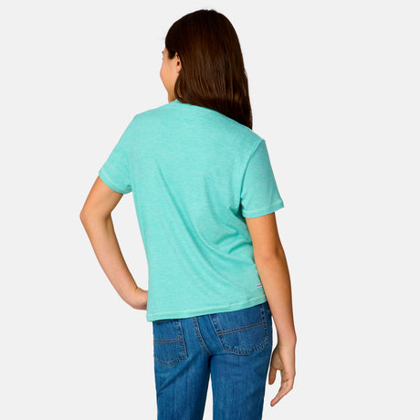 [Model is wearing a size Medium.] Girl  wearing the Free Country Girls’ Microtech® Crew Neck Shirt in Seafoam, size M, featuring lightweight odor free fabric and upf protection, paired with blue jeans #color_ seafoam