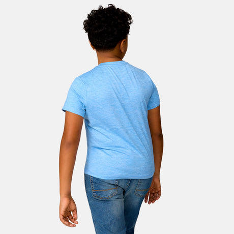 [Model is wearing a size Medium.] Boy wearing the Free Country Boys' Microtech® Crew Neck Shirt in Sky, size M, featuring lightweight odor free fabric and upf protection, paired with blue jeans #color_ sky