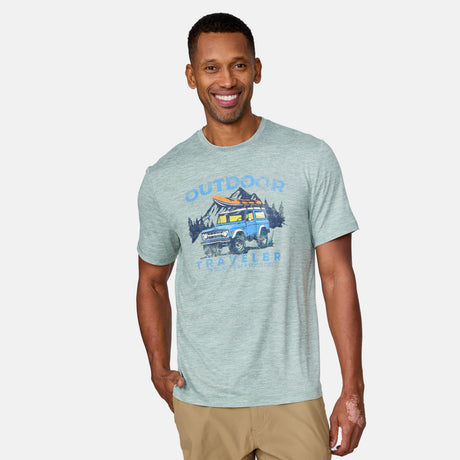 [Anderson is 6'2" wearing a size Medium.] Man wearing Free Country Men's Super Soft Short Sleeve Crew Tee - 2 Pack in Basil, size M, made from anti-odor, breathable lightweight performance fabric featuring a classic active fit, an outdoor traveler design, and a peached finish #color_basil