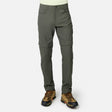 Lower body visible: person wears Free Country Men’s Nylon Stretch Convertible Pant in olive green—four-way stretch, water-repellent, converts to shorts via below-knee zippers—paired with brown hiking boots. Plain white background.