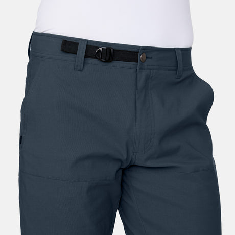 Free Country Men's Nylon Stretch Trek Short in Steel, size M, made from lightweight stretch performance fabric featuring a water repellent finish, an adjustable waist belt, two back welt pockets, and two side sipper pockets #color_steel