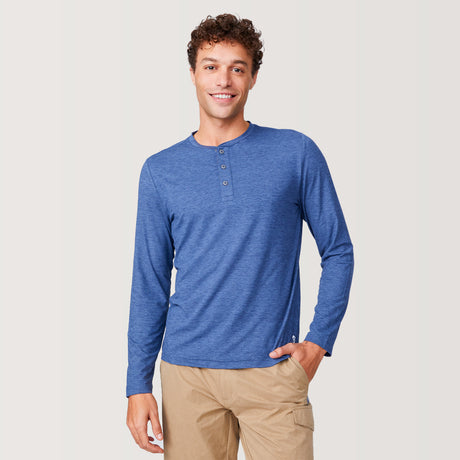 [Miguel is 6'2" wearing a size Medium.] Men's Henley Long Sleeve Shirt - M – STEEL-BLUE #color_steel-blue