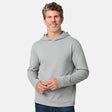 [Kolby is 6'2" wearing size M.] Free Country men’s light gray hooded long-sleeve shirt with subtle textured fabric—styled with dark blue jeans for a casual, comfort-forward look.
