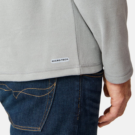 [Kolby is 6'2" wearing size M.] Free Country men’s light gray hooded long-sleeve shirt with subtle textured fabric—styled with dark blue jeans for a casual, comfort-forward look.
