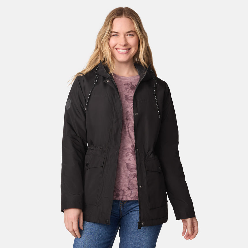 [CJ is 5'10" wearing size S.] Women’s black hooded rain jacket with front zipper and snap button closure, flap pockets, and adjustable waist drawstring—styled with blue jeans for a casual, weather-ready look.