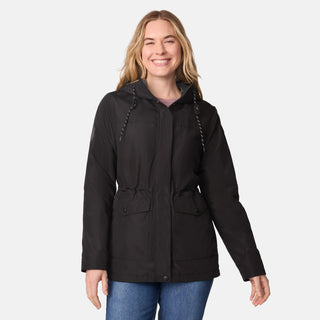 [CJ is 5'10" wearing size S.] Women’s black hooded rain jacket with front zipper and snap button closure, flap pockets, and adjustable waist drawstring—styled with blue jeans for a casual, weather-ready look.