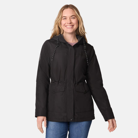 [CJ is 5'10" wearing size S.] Women’s black hooded rain jacket with front zipper and snap button closure, flap pockets, and adjustable waist drawstring—styled with blue jeans for a casual, weather-ready look.