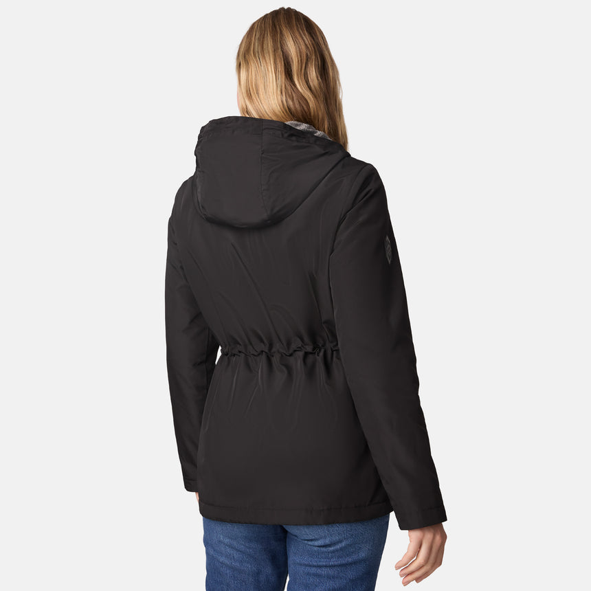 [CJ is 5'10" wearing size S.] Women’s black hooded rain jacket with front zipper and snap button closure, flap pockets, and adjustable waist drawstring—styled with blue jeans for a casual, weather-ready look.