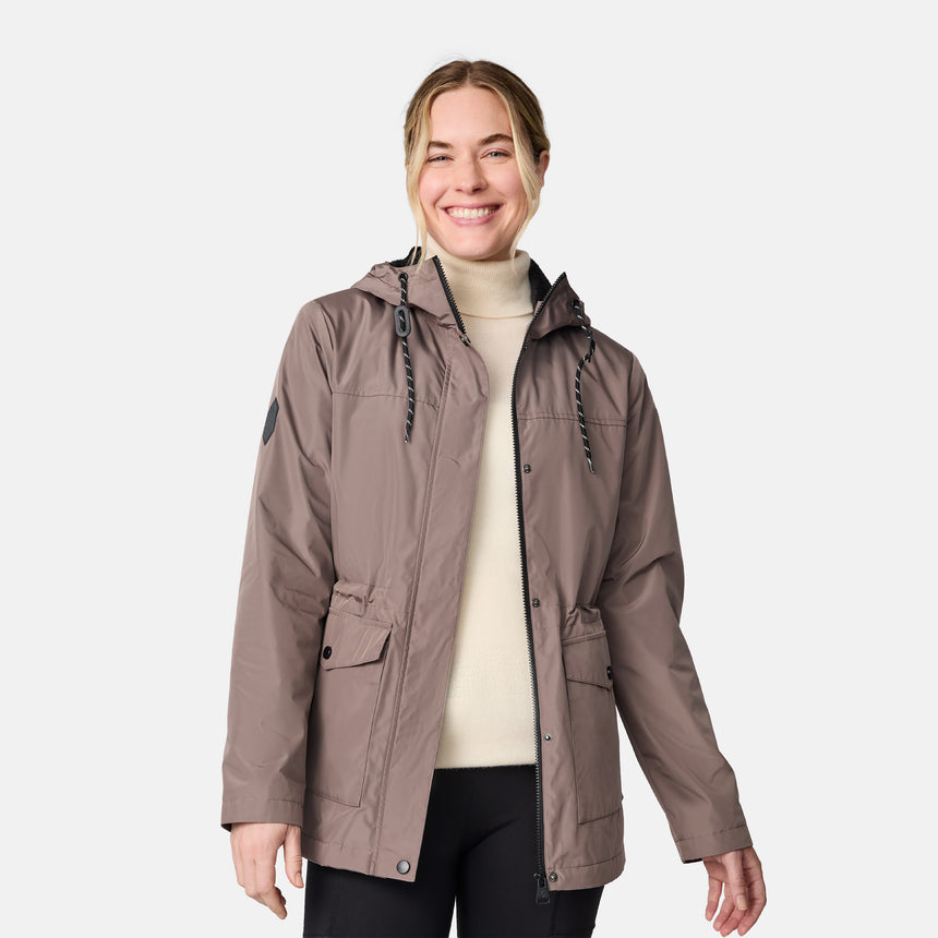 [CJ is 5'10" wearing size S.] Women’s light brown hooded jacket with zip-front closure, flap pockets with button accents, and adjustable hood drawstrings—layered over a light turtleneck sweater and paired with black pants for a cozy, cold-weather look.