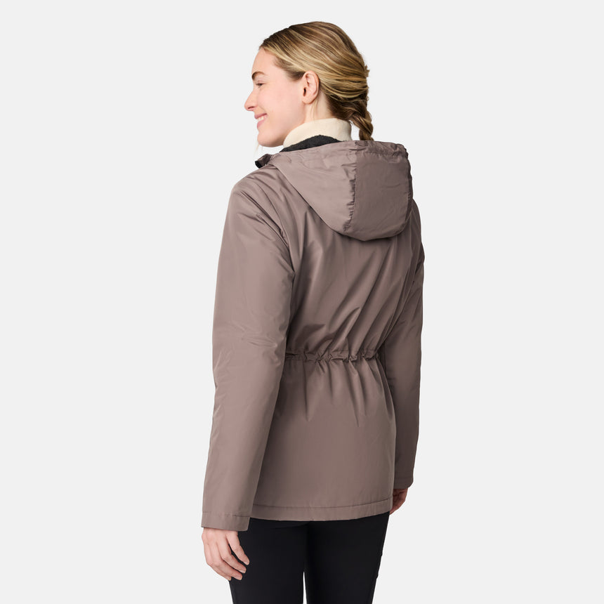 [CJ is 5'10" wearing size S.] Women’s light brown hooded jacket with zip-front closure, flap pockets with button accents, and adjustable hood drawstrings—layered over a light turtleneck sweater and paired with black pants for a cozy, cold-weather look.