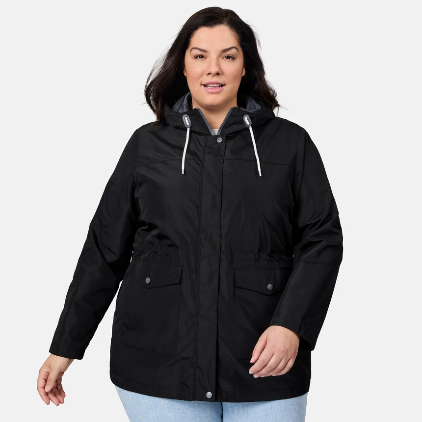 [Melissa is 5'10" wearing size 1X] Woman wearing a black rain jacket on a white background