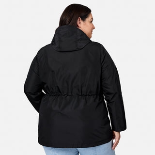 [Melissa is 5'10" wearing size 1X] Person wearing a black jacket on a light gray background