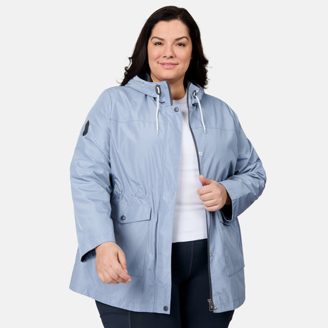 [Melissa is 5'10" wearing size 1X] Woman wearing a light blue rain jacket on a white background