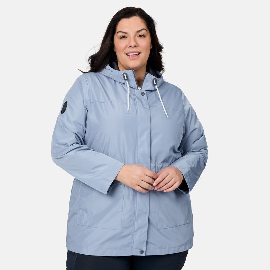 [Melissa is 5'10" wearing size 1X] Woman wearing a light blue rain jacket on a white background